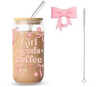 16oz Pink Bow Glass Cup with Lid and Straw, Aesthetic Mason Jar Tumbler for Iced Coffee, Matcha, Juice, Smoothie, Cute Coquette Glass Mug for Girls, Women, Friends, Daily & Party Use (Coffee Girl Cup)