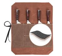 16OZ Waxed Canvas Knife Roll Bag - Heavy Duty Chef Knife Carrier with 4 Slots + Cut-Proof Protection, Stylish Two-Color Design in Brown & Grey for Chefs (52 x 42 cm)