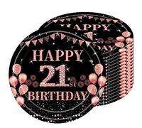 16Pack Paper Plates 21st Birthday,Black Rose and Gold Paperplates 9 inch,Disposable Party Plates Large Paper Plates Plain Paper Plates for Girls,Kids,Her 21st Birthday Party Supplies Table Decorations