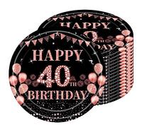 16Pack Paper Plates 40th Birthday,Black Rose and Gold Paperplates 9 inch,Disposable Party Plates Large Paper Plates Plain Paper Plates for Women,Kids,Her 40th Birthday Party Supplies Table Decorations
