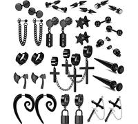 16Pairs Hypoallergenic Black Mens Earrings - Surgical Steel Earrings for Men,Black Men's Earring Set for Sensitive Ear,Star Ball Mens Stud Dangle Hoop Gothic Earring