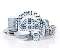 Waterside 16pc Blue & White Geo Porcelain Dinner Set; 4 Dinner Plates, Side Plates, Deep Bowls & Mugs - Dishwasher & Microwave Safe