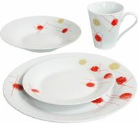 16pc Dinnerware Set - 4 Porcelain with 4 Bowls, 4 Mugs, 4 Side Plates and 4 Dinner Plates - Microwave and Dishwasher Safe - Cereal Bowls, Desserts, Lunch (Red and Cream)