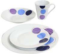 16pc Dinnerware Set - 4 Porcelain with 4 Bowls, 4 Mugs, 4 Side Plates and 4 Dinner Plates - Microwave and Dishwasher Safe - Cereal Bowls, Desserts, Lunch (Blue, Black & Purple)