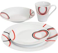 16pc Dinnerware Set - 4 Porcelain with 4 Bowls, 4 Mugs, 4 Side Plates and 4 Dinner Plates - Microwave and Dishwasher Safe - Cereal Bowls, Desserts, Lunch (Red and Black)