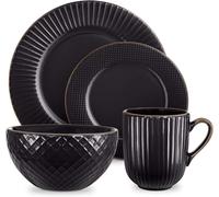 16pc Dinnerware Set By Tower T867002BLK Empire Stoneware, Black and Brass,