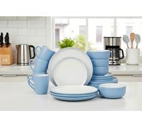 16pc Waterside Blue & White Coupe Stoneware Dinner Set; 4 Dinner Plates, 4 Side Plates, 4 Deep Bowls & 4 Mugs - Dishwasher & Microwave Safe