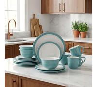 16pc Waterside Embossed Teal and White Stoneware Dinner Set; 4 Dinner Plates, 4 Side Plates, 4 Deep Bowls & 4 Mugs - Dishwasher & Microwave Safe