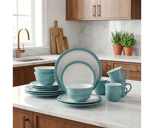 16pc Waterside Embossed Teal and White Stoneware Dinner Set; 4 Dinner Plates, 4 Side Plates, 4 Deep Bowls & 4 Mugs - Dishwasher & Microwave Safe