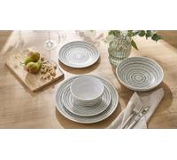16pc Waterside White & Black Dash Stoneware Dinner Set; 4 Dinner Plates, 4 Side Plates, 4 Soup Bowls & 4 Deep Bowls - Dishwasher & Microwave Safe