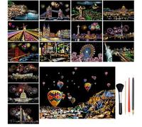 16Pcs A4 Scratch Art Paper for Adults, Rainbow Night View Scratch Template, Scratching Cards Kit with World Famous Landmarks & Fireworks and 4 Tools for Christmas Birthday DIY Craft Gift