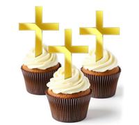 16PCS Baptism Cake Toppers Crossing Cupcake Toppers - Gold Mirror Acrylic Cross Cake Topper for Baby Shower Birthday Wedding Party Christian Decorations (Classic Style)