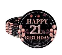 16pcs Black Rose Gold 21st Party Paper Plates, 7 inch Table Decor, Happy 21st Birthday Tableware for Girls