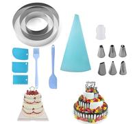 16PCS Cake Decorating Kit, 3pcs Cake Rings 4/6/8inch+1 Silicone Pastry Brush+1 Scraper+8pcs Piping Bags and Nozzles Set+3 Scraper Set Cake Tools for Baking, Cooking, Desserts, Pastry, Mousse, Icing