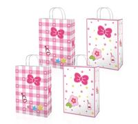 16pcs Cute Cartoon Pink Bow Party Favor Bag Candy Treat Bags, Double Side Paper Goodie Bags Print Bowknot Patterns with Handles Snack Gifts Pouch for Boys Girls Kids Birthday Baby Shower Supplies