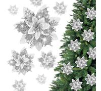 16Pcs Christmas Glitter Poinsettia Flowers, Christmas Artificial Decorations for Tree, Xmas Tree Flowers Decorations, Silver Artificial Flowers for DIY Xmas Trees Garland Decor