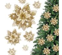 16Pcs Christmas Glitter Poinsettia Flowers, Christmas Artificial Decorations for Tree, Xmas Tree Flowers Decorations, Champagne Gold Artificial Flowers for DIY Xmas Trees Garland Decor