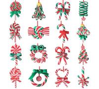 16pcs Christmas Lollipop Ornaments, 16 Style Cute Mini Delicate Candy Cane Theme Red White Green Ornament with Hanging Rope for Christmas Tree Windows Fireplace Door Decor Holiday Party Decoration