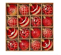 16PCS Christmas Ornament Set with Hand Painted Glitter Plastic Balls, 6CM Diameter, Suitable for Various For Holiday Decor (Red)
