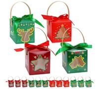 16Pcs Christmas Party Gift Boxes, Red Green Candy Sweet Boxes with Window and Handle, 4 Designs Reusable Stars Elk Candy Sweet Box, Ideal for Xmas Party Supplies