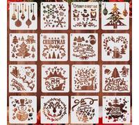 16Pcs Christmas Stencils Reueable, 5.1×5.1 in Christmas Drawing Stencils for Painting on Windoe, Wood, Xmas Art Template Stencil - Santa Claus, Snowmen, Snowflakes, Moose Templates