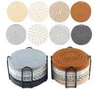16PCS Coasters for Drinks 2Colors Absorbent Coasters with Holder Round Cotton Braided Woven Placemats Braided Cotton Woven Drink Coaster Heat-Resistant for Tabletop Protection (Coffee and Gray)