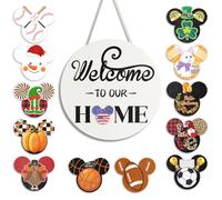 16pcs Cute Mouse Interchangeable Seasonal Welcome Door Sign for Front Door Decor, Welcome to Our Home Sign for Farmhouse/Wall/Porch Decor and Housewarming Gift