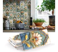 16Pcs European Style Tile Stickers, Self Adhesive Wall Tiles, 20x10cm Peel and Stick Backsplash Tiles, Vintage Design Stick on Tile, Waterproof PET Thickened Tile Decals for Kitchen(D)