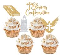 16PCS Glitter Blessing Confirmation Cupcake Toppers, First Holy Communion Christening Confirmation Religious Decor, God Bless Baptism Party Decorations Supplies