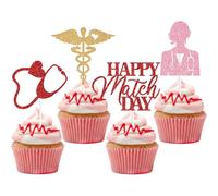 16PCS Glitter Happy Match Day Cupcake Toppers, Residency Match Day Decorations, Doctor Medical School Graduation Party Decorations Supplies(Red)