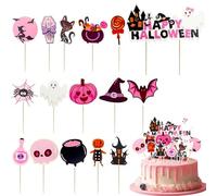 16Pcs Halloween Cake Topper Haunted House Pumpkin Ghost Bat Cat Spider Skull Witch Castle Tombstone Cake Decoration for Trick Or Treat Halloween Theme Birthday Party Supplies