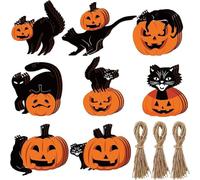 16PCS Halloween Hanging Ornaments - Pumpkin Black Cat Silhouette Hanging DIY Wooden Decorations with Cord for Halloween Eve Home Holiday Decor Party Supplies