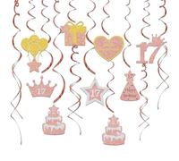 16Pcs Happy 17th Birthday Hanging Swirls Sweet 17 Birthday Ceiling Decoration Swirls Streamers for 17th Anniversary Party Gold Rose Gold Glitter