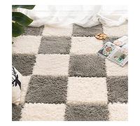 16Pcs Interlocking Foam Carpet,Shaggy Soft Foam Play Mat,Fluffy Area Rugs,Square Plush Puzzle Floor Tiles,Crawling Mats for Living Room Bedroom,12X12inch,Beige+Grey