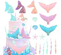 16Pcs Mermaid Cake Topper Mermaid Tail Cake Decorations with Seaweed Shells for Sea Ocean Theme Baby Shower Birthday Party Supplies