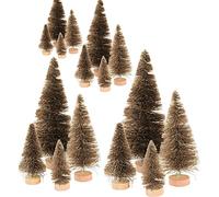 16PCS Mini Artificial Sisal Christmas Trees, Mini Bottle Brush Trees Desktop Miniature Pine Trees with Wood Base for Holiday Decor, Assorted Sizes (brown)