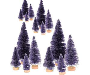 16PCS Mini Artificial Sisal Christmas Trees, Mini Bottle Brush Trees Desktop Miniature Pine Trees with Wood Base for Holiday Decor, Assorted Sizes (purple)