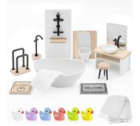 16PCS Miniature Dollhouse Bathroom Furniture Set, Wooden Mini Furniture Doll Room Toilet Bathtub Scene Decorations for Kids Birthday