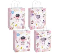 16pcs Pink Outer Space Party Favor Bags, Pink Two The Moon Birthday Party Favor Bags with Handles for Girls Astronaut Galaxy Solar System Theme Decorations