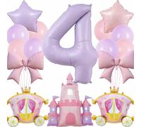 16Pcs Princess Castle Theme Birthday Party Decorations, Number 4 Purple Pink Bow Castle Carriage Pentagram Mylar Balloons, 4th Girl Baby Shower Birthday Party Supplies (Number 4)