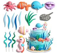 16Pcs Sea Cake Toppers Set, Ocean Theme Cake Decorations with Whale Seahorse Octopus Fish, Shells & Coral for Beach Birthday Party Baby Shower