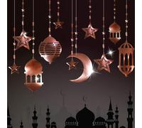 16pcs Shiny Rose Gold Star Crescent Moon Lantern Ramadan Garland EID decoration Home Happy Ramadan Mubarak Party Decor Hanging Streamer Backdrop Banner Lesser Aladdin Arabia Muslim Wedding Birthday