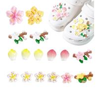 16Pcs Shoe Peach Blossom Clog Charms Sakura Petal DIY Shoe Decorations Cute Flower for Croc Jibbitz Women Girls Sandals Slippers Bag Charms Birthday Party Gifts Pink Yellow