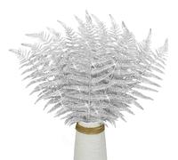 16Pcs Silver Christmas Glitter Leaves 43cm Artificial Boston Fern Bush Tropical Leaves Fake Leaf Picks Sprays for Xmas Tree Decoration Flower Arrangment New Year Holiday Home Garden Decor