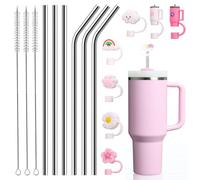 16PCS Stainless Steel Straw Set, for Stanley 40oz Cups, 6 Straws 3 Brushes 7 Straw Lids Perfect for Milkshakes Smoothies and Large Thick Drinks