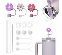 16PCS Stanley Cup Accessories Set Including 9 Pcs Silicone Spill Proof Stopper,3 Pcs Cute Straw Cover Cap for 9-10 mm Straws, 3Pcs Reusable Straw and 1 Cleaning Brush for Stanley Cup 40oz & 30oz