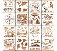 16PCS Travel Theme Stencils for Painting, Mountains Trees Compass Temple Template Tent Campfire Airplane Suitcase Stencil Maple Leaf Boat Template-6x6inch