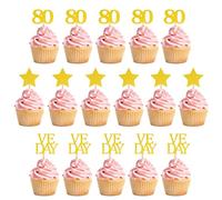 16Pcs Ve Day Cake Toppers for VE Day 80th Anniversary Decorations, Glitter Gold Paper Toppers for 80 Years Victory In Europe Party Supplies