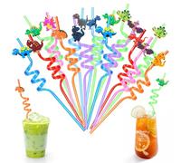 16Pcs Washable Twisty Plastic Novelty Straws, Beach Colourful Silly Straws, Cartoon Reusable Curly Straws, Assorted Colours BPA-Free Crazy Dinosaur Party Straws for Kids Adults Cocktails