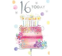 16th Age 16 Today Bright Cake & Candles Female Happy Birthday Card Lovely Verse